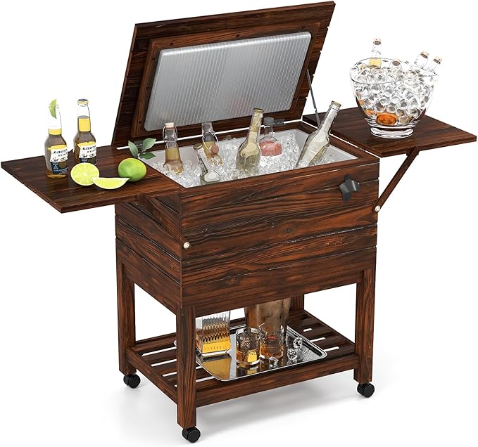 Tangkula Rolling Wooden Patio Cooler Cart, 54 Quart Outdoor Ice Chest Cooler Cart with 2 Drop Leaf Tables, Bottle Opener &...