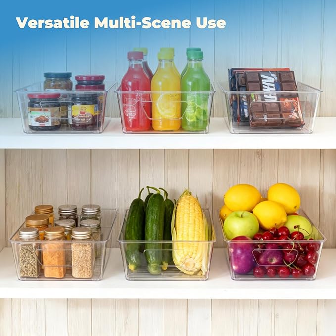 Stackable 4 Pack Pantry Storage Organizer Bins, Clear Plastic with 3 Removable Dividers, for Fridge, Snack, Organizer – BPA Free Perfect in Kitchen, Refrigerator