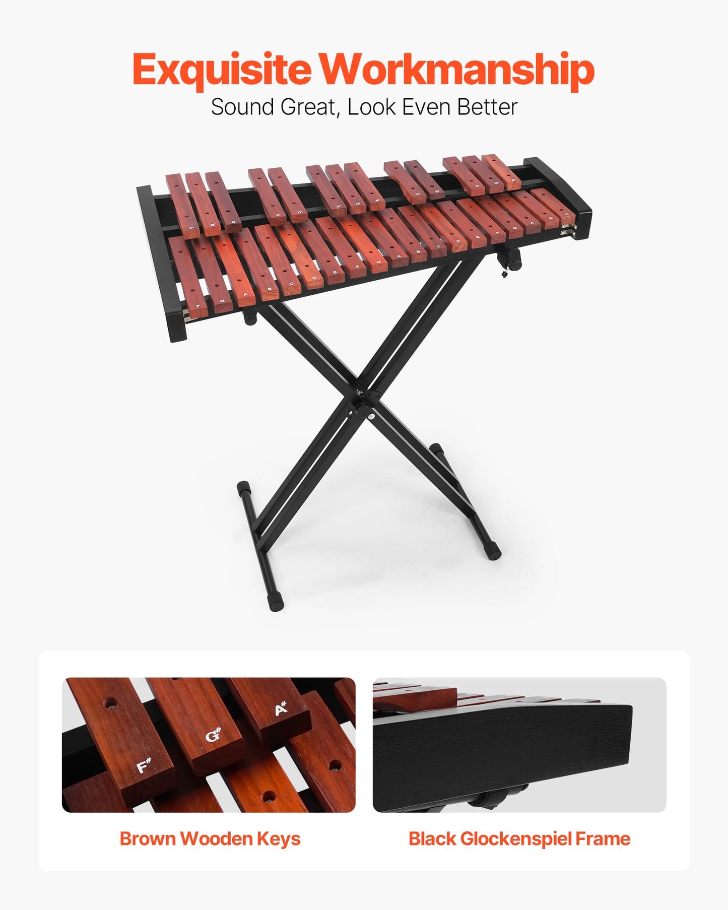 Vevor Glockenspiel Xylophone, 32 Notes, Wooden Professional Xylophone Percussion Instrument, With Height Adjustable Stand, 4 Mal
