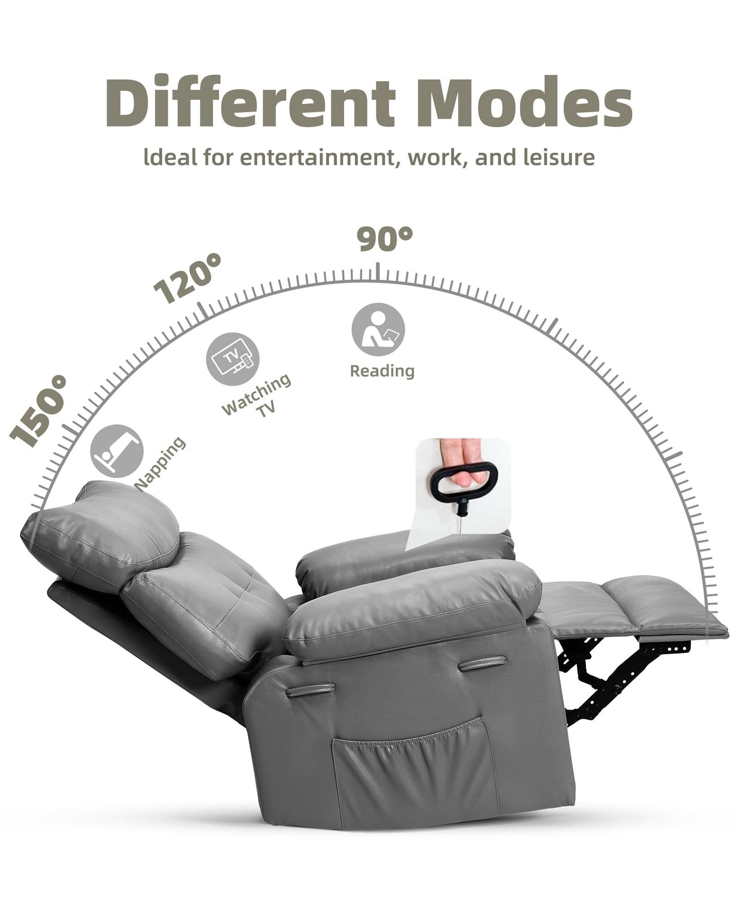 Garvee Manual Recliner PU Leather Living Room Chair Adjustable Reclining Chair Oversized Home Theater with Massage & Heat - Gray