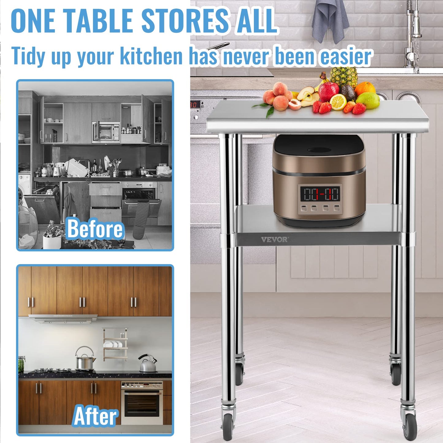 VEVOR Stainless Steel Prep Table, 24 x 24 x 33.5 Inch, 600lbs Load Capacity Heavy Duty Metal Worktable with Adjustable Undershelf & Universal Wheels, Commercial Workstation for Kitchen Garage Backyard