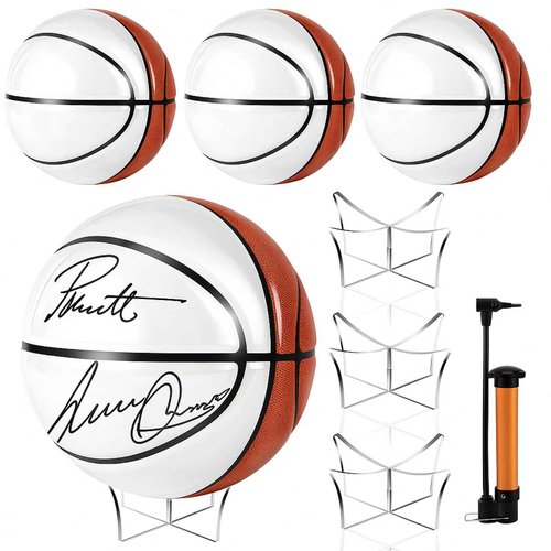 Hiboom Autograph Basketball with Acrylic Ball Stand Operation Christmas Signing Autograph Ball Panel Blank Signature Official for High School College Coach Gift(4 Pcs,White and Brown,Size 7)
