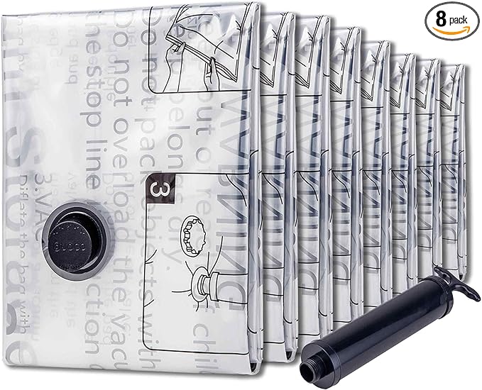 Vacuum Storage Bags 8 XXL Jumbo, Space Saver Bags with Travel Hand Pump, Compression Airtight Sealer Bags for Clothes, Bedding, Pillows, Comforters, Blankets