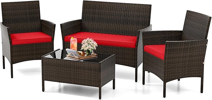 KOTEK 4 Piece Patio Furniture Set, Outdoor Rattan Conversation Set with Loveseat, Wicker Chairs, Tempered Glass Coffee Table, Wicker Patio Set for Backyard, Porch (Red)
