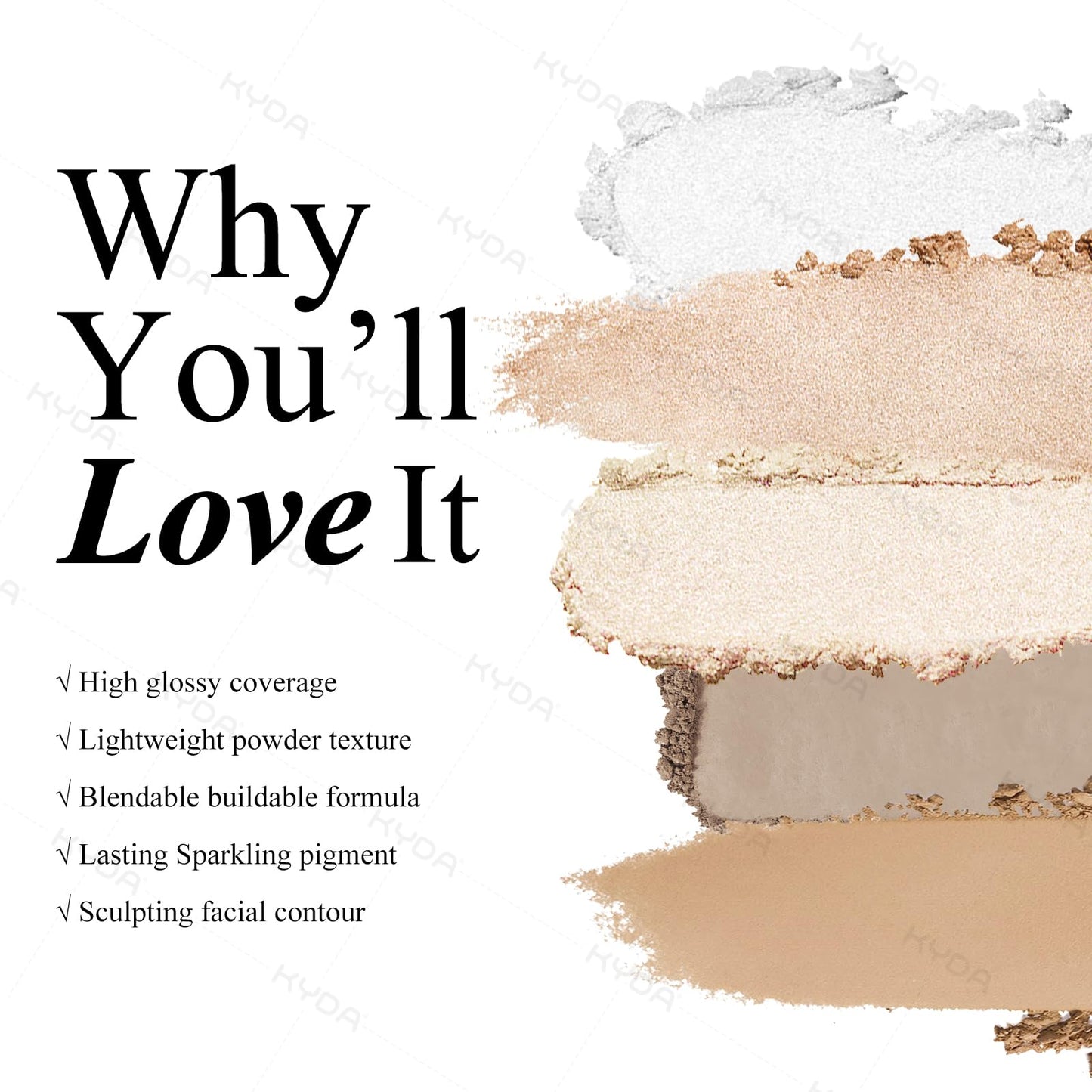 KYDA Face Highlighter Palette, High Glossy Face Illuminator Palette, Narutal Glow Finish, Pearl Shimmer Smooth Baked Powder, Las