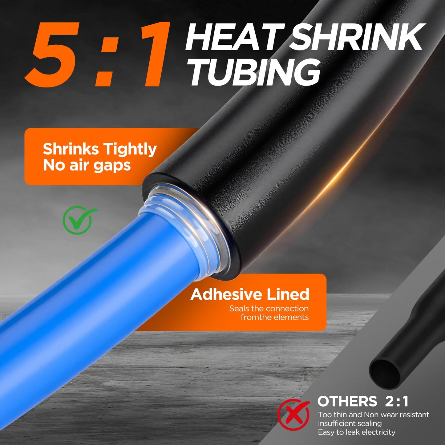 5:1 Heat Shrink Tubing Kit 500 PCS, Industry-Leading 5:1 Ratio Shrink Wrap Tubing Adhesive Lined, Heat Shrink Wire Connectors, Marine Grade Dual Wall, Waterproof Electrical Wire Tube Connectors(Black)