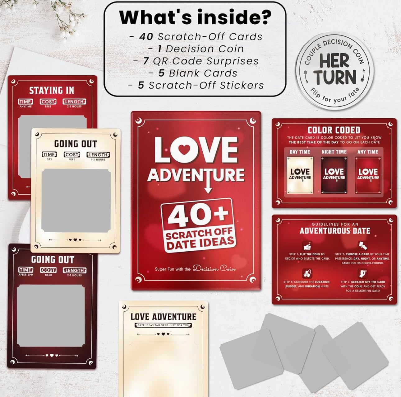Valentines Day Gifts for Him Her - 40 Fun and Romantic Scratch Off Date Adventure Ideas for Her, Him, Girlfriend, Boyfriend, Wife, or Husband - Couples Gifts for Anniversary, Date Night, Birthday,..