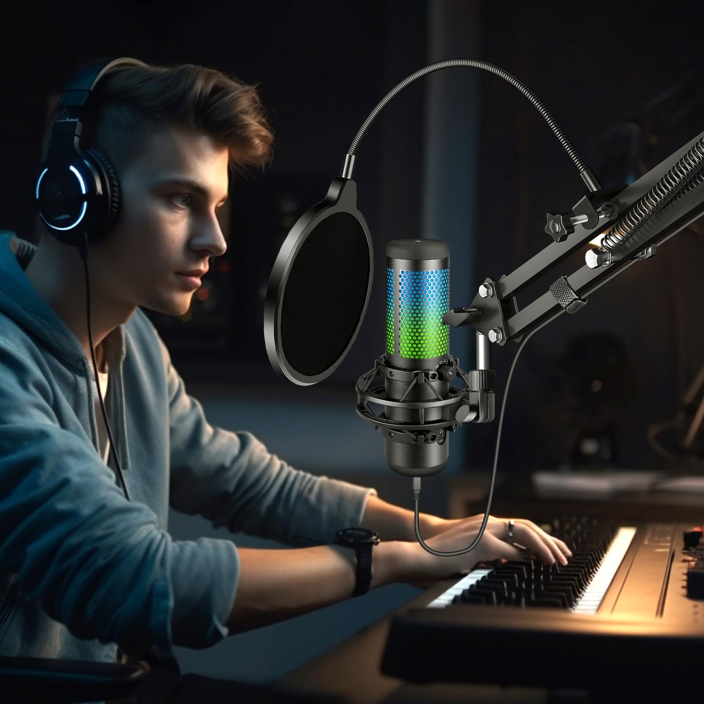 Aokeo Professional Microphone Pop Filter Mask Shield For Blue Yeti and Any Other Microphone,Mic Dual Layered Wind Pop Screen With Flexible 360° Gooseneck Clip Stabilizing Arm