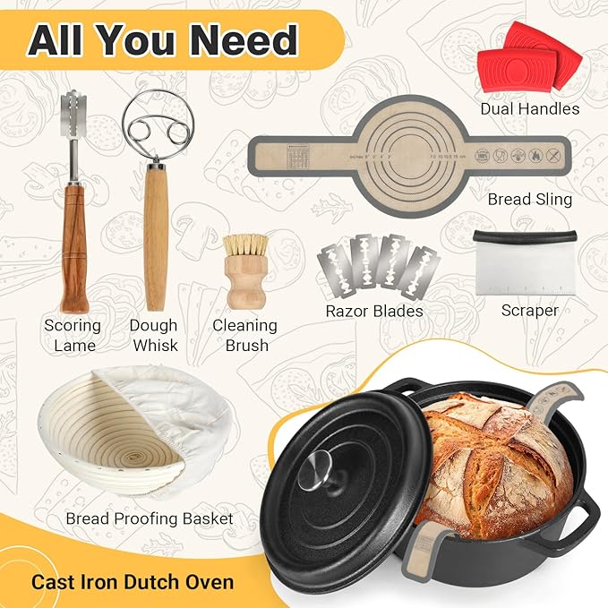 5 Qt Sourdough Dutch Oven with Lid, Cast Iron Dutch Oven for Bread Baking, Dutch Pot with Bread Baking Supplies