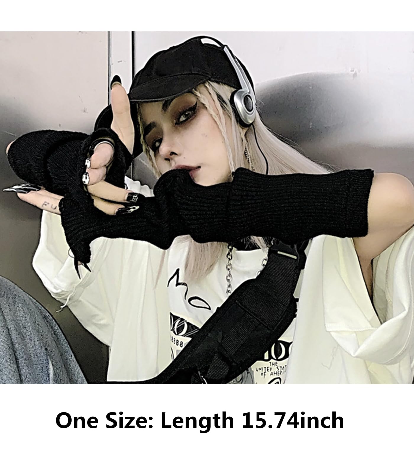 URAWESO Goth Gloves Grunge Emo Fingerless Arm Warmers Gothic Punk Thumbhole Ripped Hip Hop Y2k Arm Sleeves Cosplay