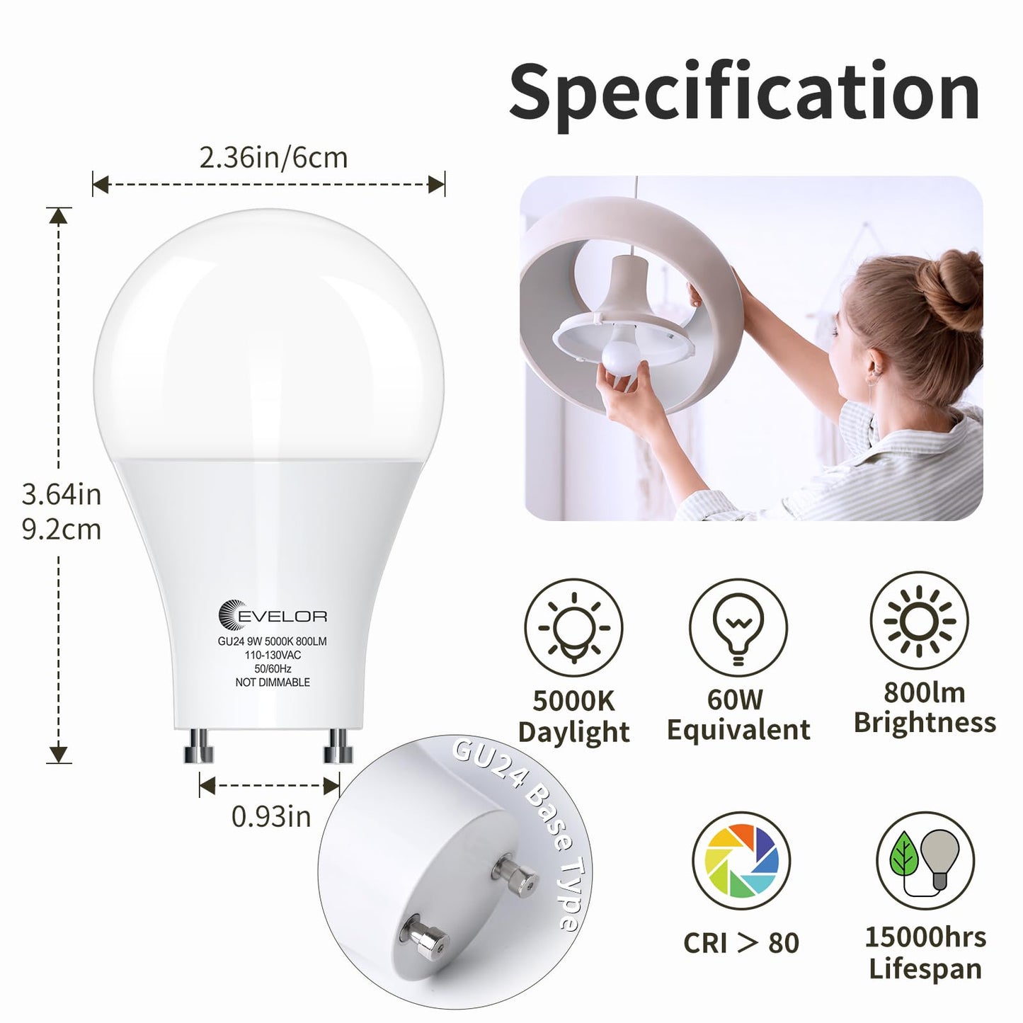 evelor GU24 LED Light Bulb,60 Watt Equivalent Daylight White 5000K,Non-Dimmable,Efficient 9W,800 Lumens Twist and Lock 2 Prong Light Bulbs,15000 Hours,Ideal for Kitchen,Living Room,Bedroom, 4-Packs