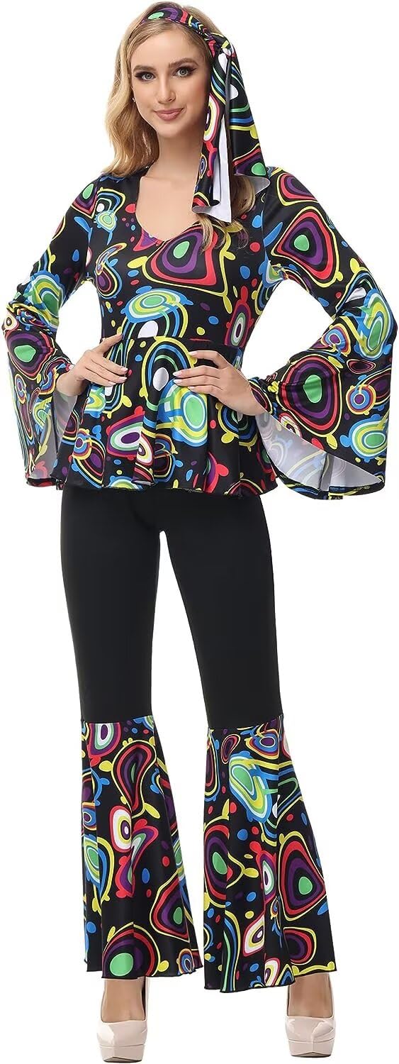 Disco Outfit Women 70s Hippie Costume Disco Top Pants Set Halloween Cosplay Clothes Plus Size Black XL