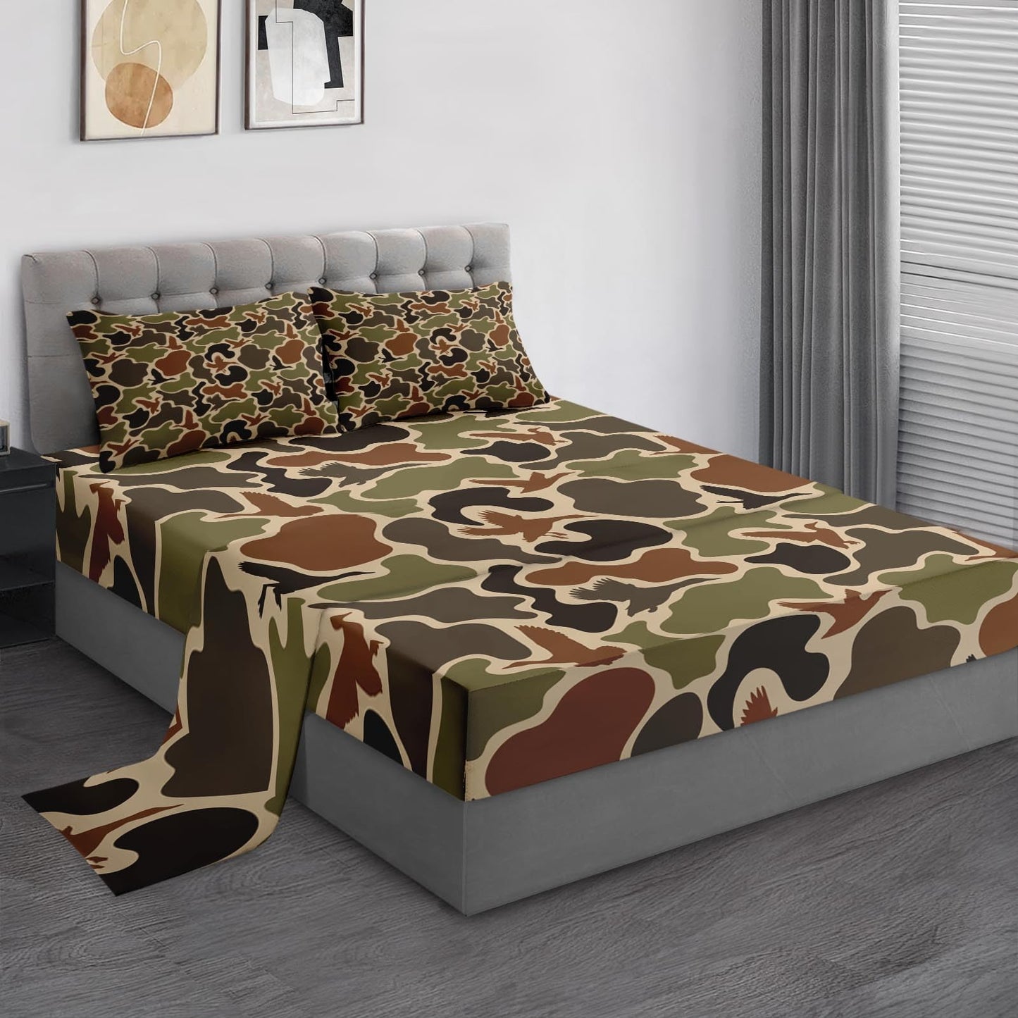 Zzzboro 4 Pcs Fitted Sheet Set Queen Size,Camouflage Hunting Duck Hunter Birds, Bed Decor Camo Army Green Military Woodland Bedroom Sets Pillowcase Bedsheet Bedding Flat Sheet for Kids and Adults