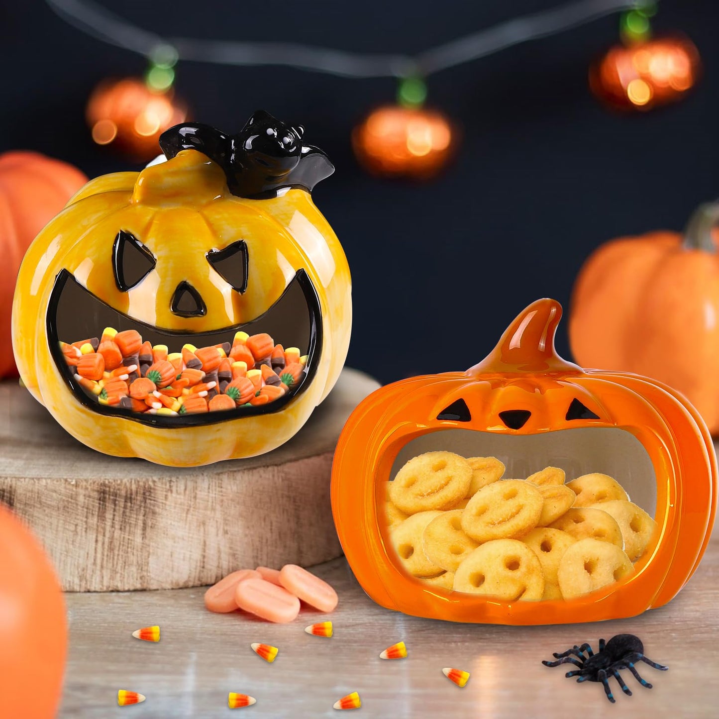 DIYDEC 2pcs Halloween Candy Bowls, Pumpkin Candy Dish Candle Holder Pumpkin Ceramic Bowl Tableware Decorations for Halloween Tiered Tray Ornament Home Decor