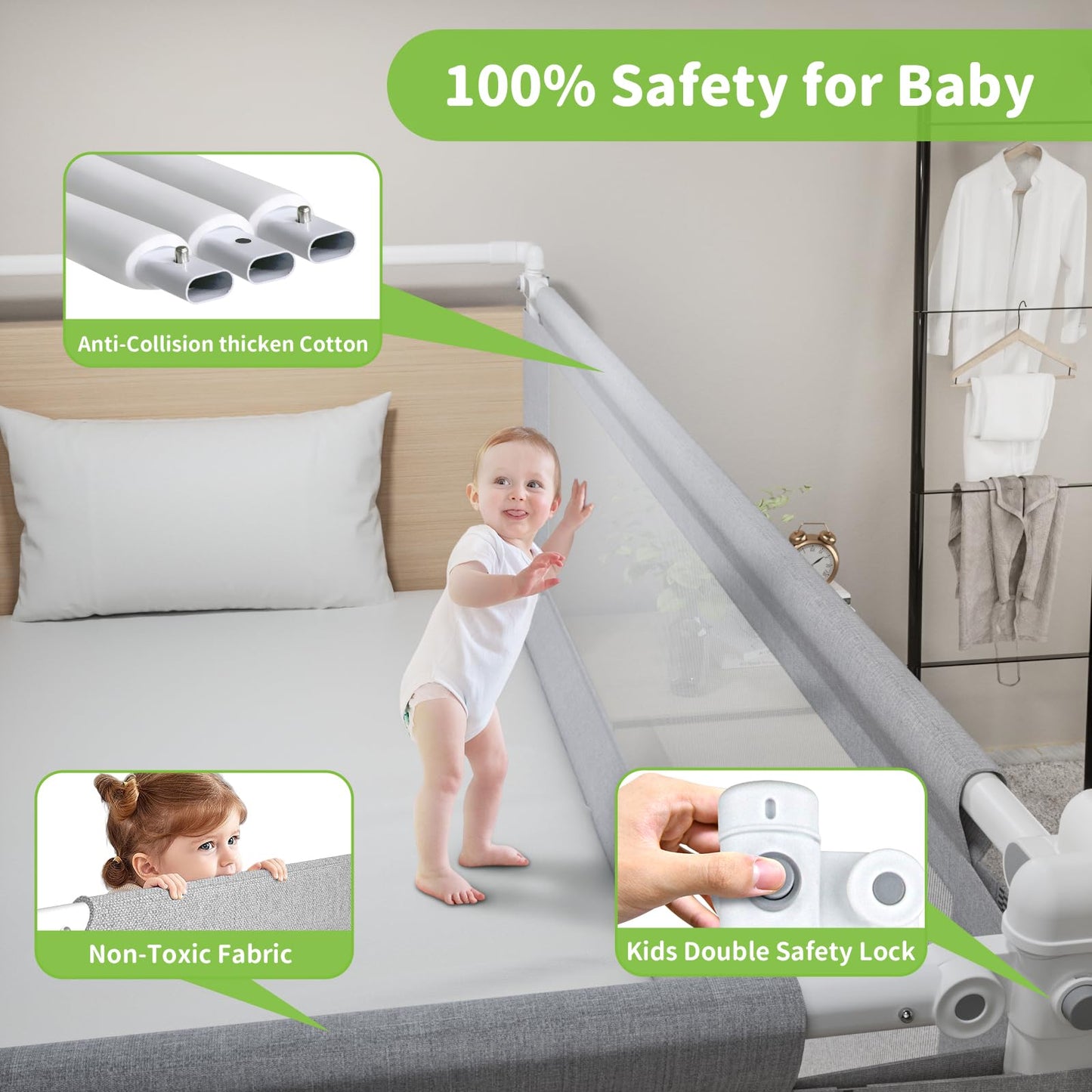 yulongtengfei 3-Piece Queen Size Bed Rail for Toddlers - Adjustable Baby Bed Rail Guard, Kids Safety Bed Rail for Queen Size Bed (78.7"x78.7"x60"-Grey)