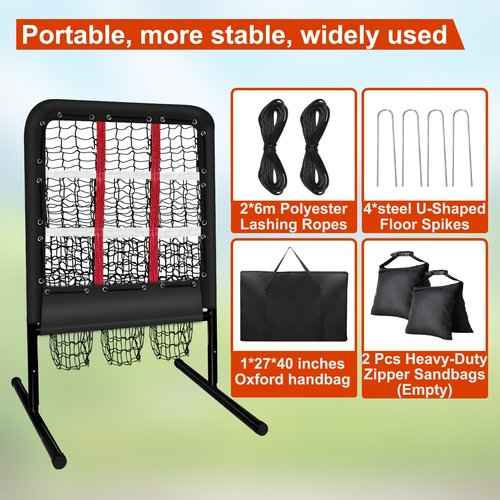 9 Hole Pitching Net with Strike Zone and Handbag, Fixed by 4 Ground Stakes & 2 Sandbags. Adjustable Heights (39-46in) for Pitching Target Net, Softball Training