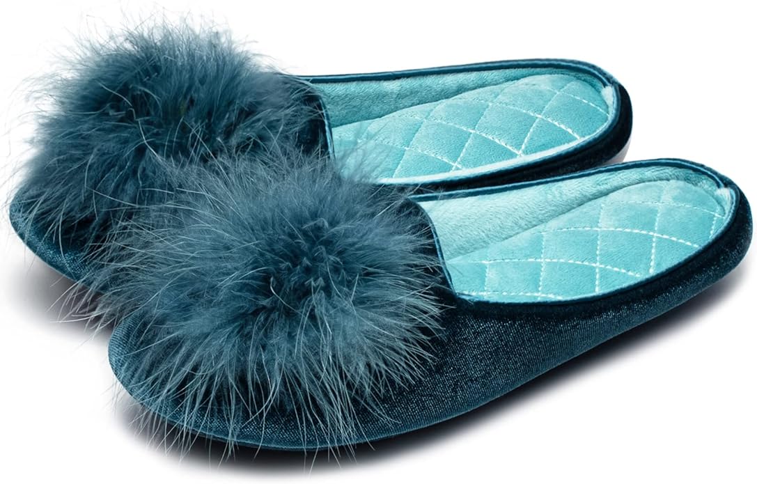 GRITHEIM Women's Fuzzy Pom Pom Velvet Memory Foam House Slippers Ladies Cozy Chenille Knit Bedroom Slippers Non-slip Sole ...
