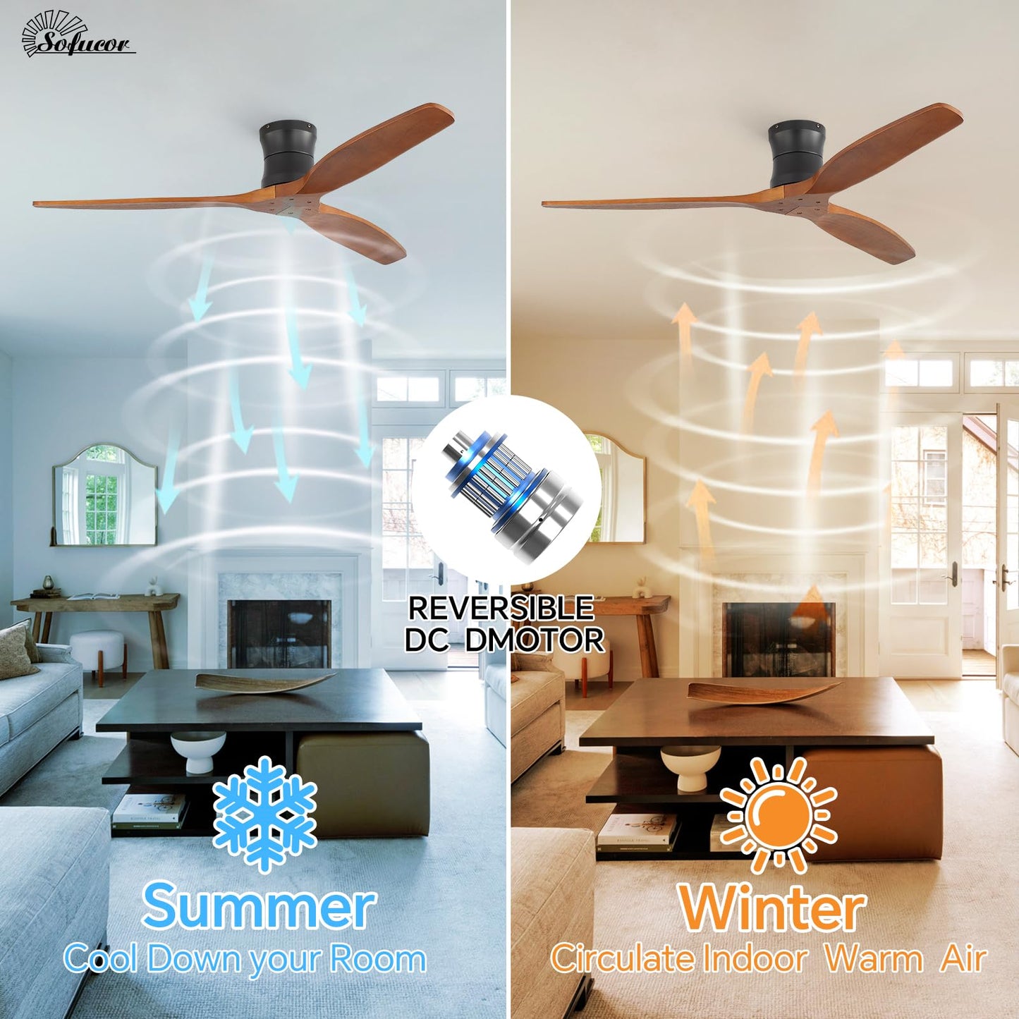 Sofucor 52" Smart Ceiling Fan No Light, Solid Wood Low Profile Ceiling Fan with Remote, Flush Mount Ceiling Fan Works with Alexa/Google/App 6-Speed Timing Reversible DC Motor for Living Room Bedroom