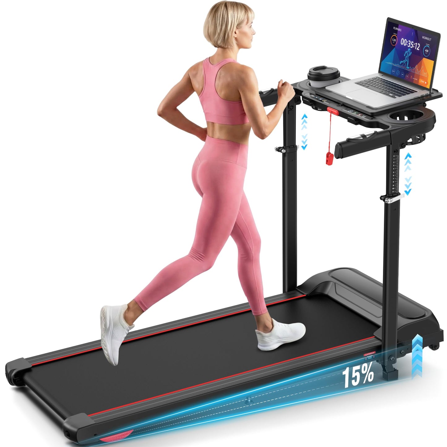 FUNMILY Walking Pad Treadmill with 15% Incline, 8 in 1 Foldable Treadmill with Desk Workstation & Adjustable Handle Bar, 3.5HP Low Noise Portable Treadmills for Home Small, 450 lbs Weight Capacity