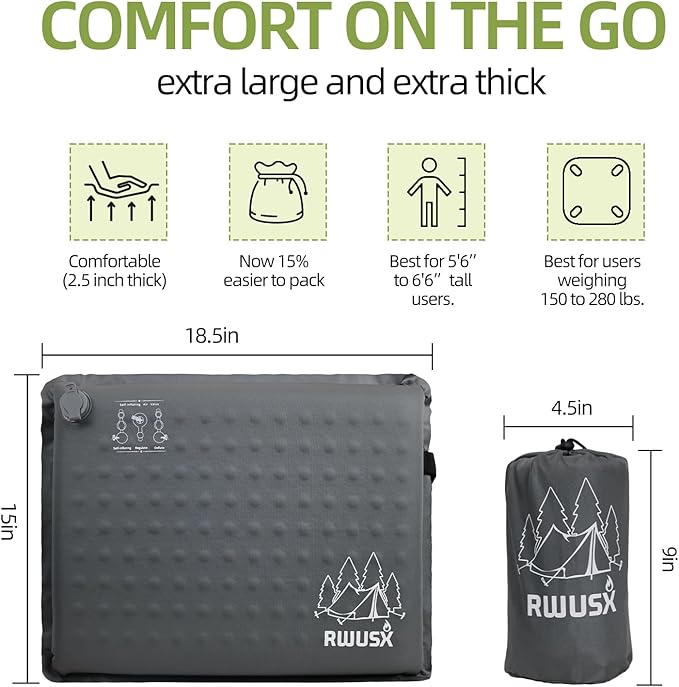 RWUSX Inflatable Stadium Seat Cushion, Portable Self Inflating Outdoor Seat Cushion for Stadium, Airplane, Travel, Camping, Car & Office