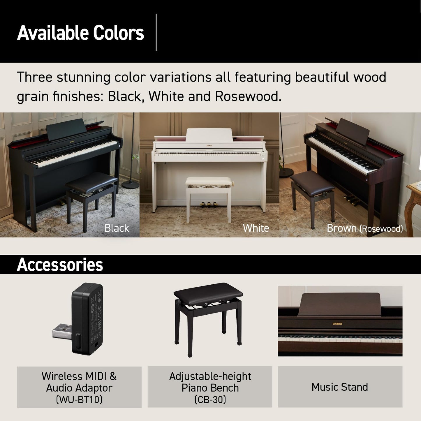 Casio CELVIANO AP-300 Console Digital Piano, with 88 Weighted Keys, 19 Tones, 40W Speaker System, Bluetooth Audio/MIDI, USB, White Finish (AP-300WE)