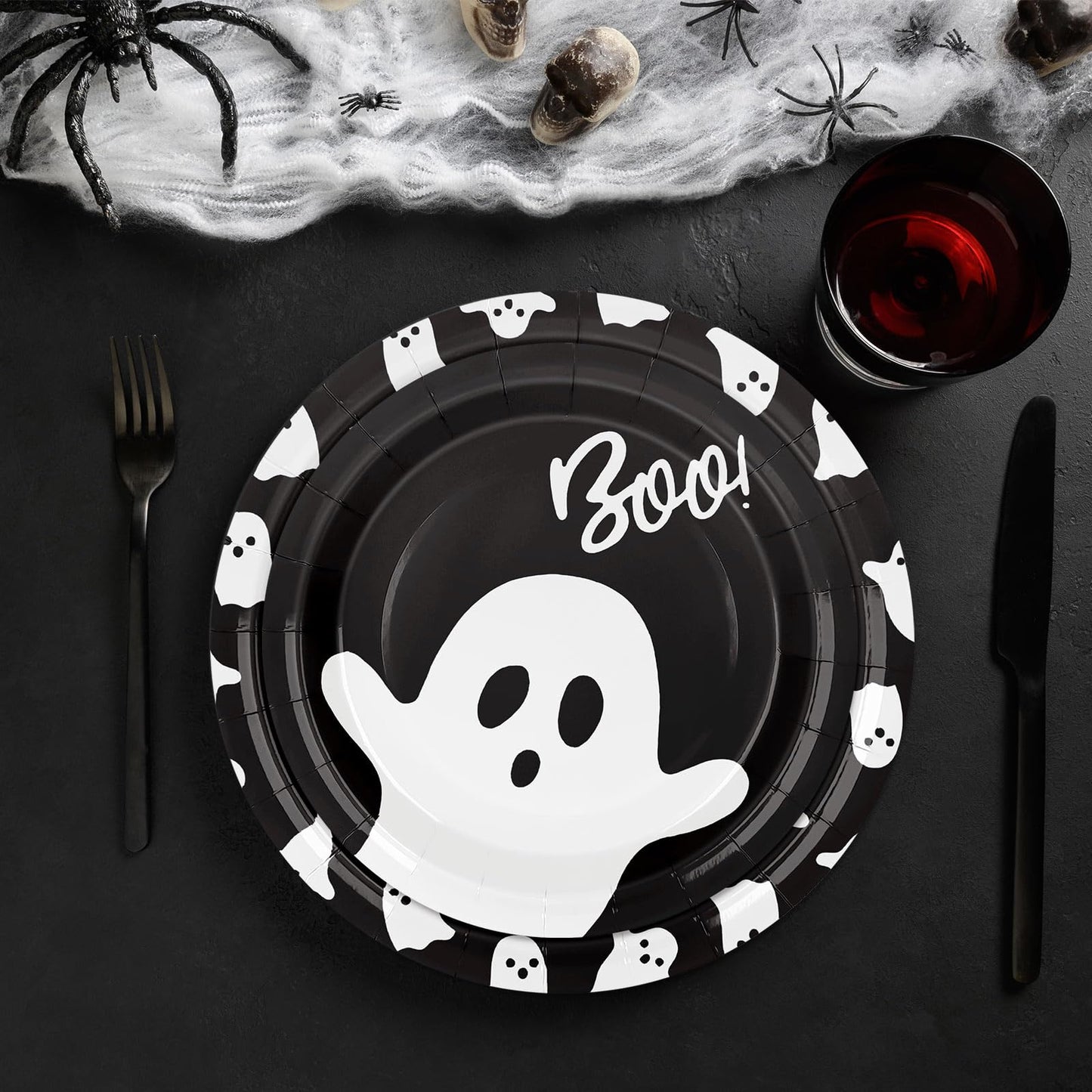 JarThenaAMCS 48Pcs Halloween Paper Plates Ghost Disposable Plates 9 Inch & 7 Inch Decorative Dinner Plates for Trick or Treat Birthday Party Supplies