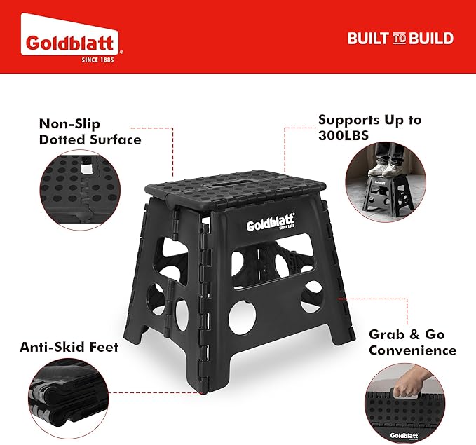 Goldblatt 12.5" Folding Step Stool for Adults and Kids, Heavy-Duty Plastic Portable Foldable Stool with Non-Slip Top and Anti-Skid Feet, 300 lbs Capacity, Kitchen & Bathroom, Black
