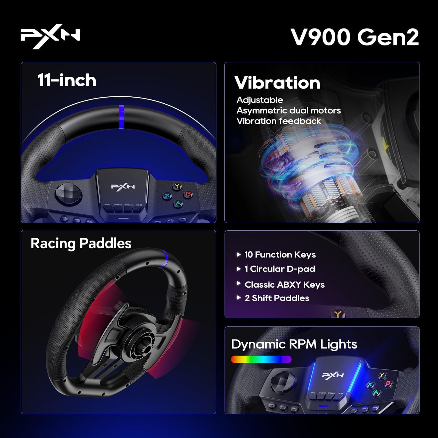 PXN Gaming Steering Wheel - 270/900° V900 GEN2 Sim Racing Wheel with Pedals Paddle Shifter - for Xbox One,Series S|X, PC, PS4, Switch