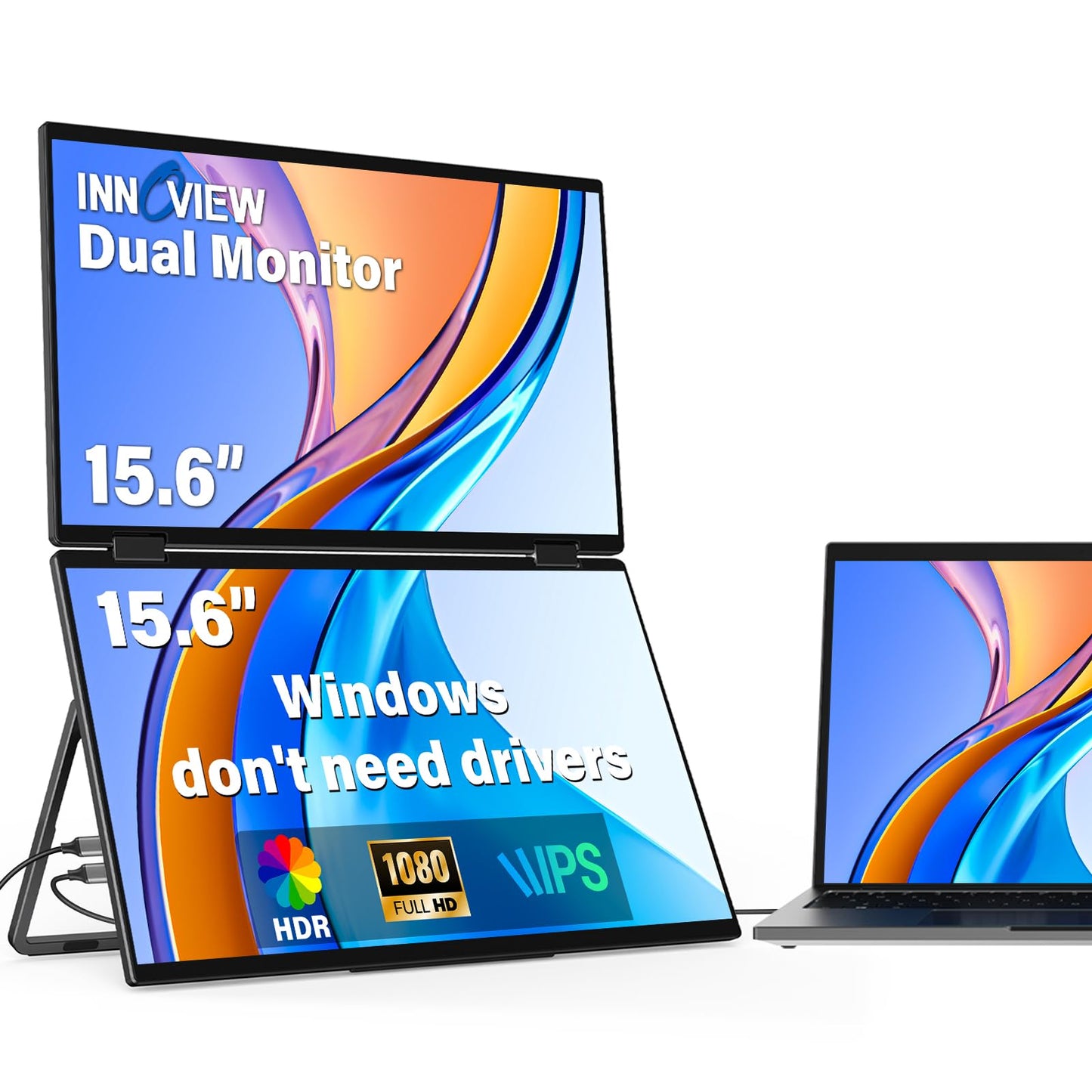InnoView 2025 15.6 FHD Dual Portable Monitor | All-in-One Foldable & Stackable Design | 315 Screen Adjustment & 180 Stand | USB-