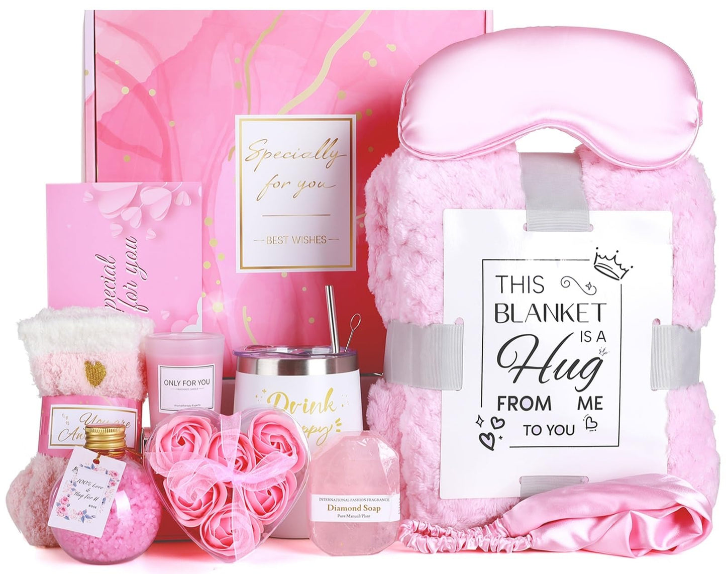 Birthday Gifts for Women, Self Care Gifts Get Well Gifts Gift Basket, Rose Relaxing Spa Gift for Women, Gift for Her Mom Wife Girlfriend Best Friend Sister, with Luxury Blanket, Mothers Day Gifts