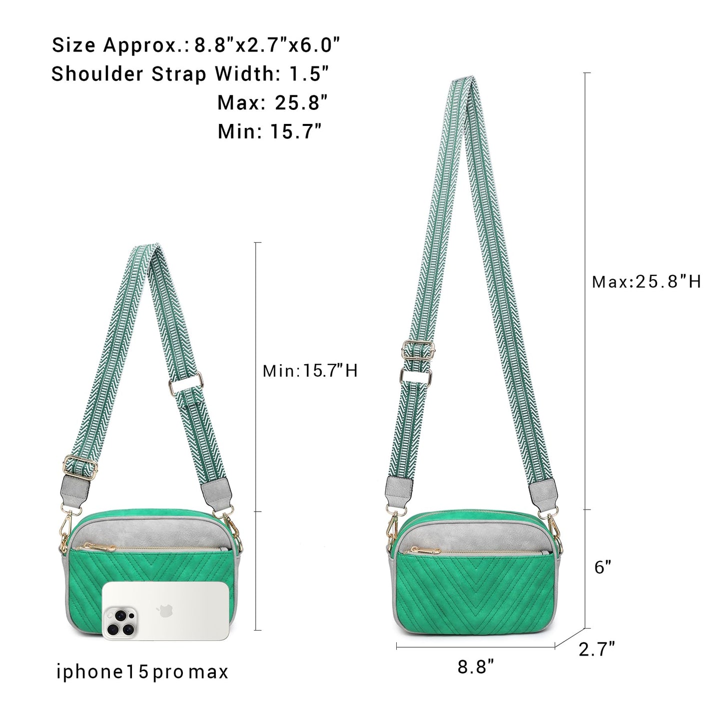 VONMAY Crossbody Purse for Women Quilted Crossbody Bags Vegan Leather Purses Small Shoulder Handbags with Wide Strap (Green/Grey)