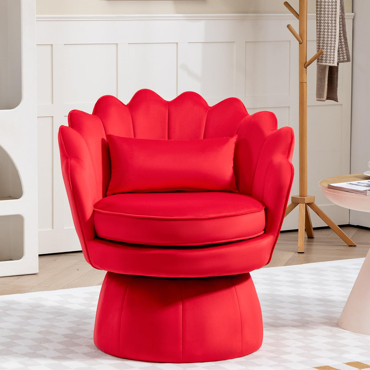 ZJhome 360° Swivel Accent Chair, Mid-Century Modern Velvet Barrel Chair, Comfy Shell Shape Arm Chair with Lumbar Pillow for Living Room, Bedroom, Office, Rose Red
