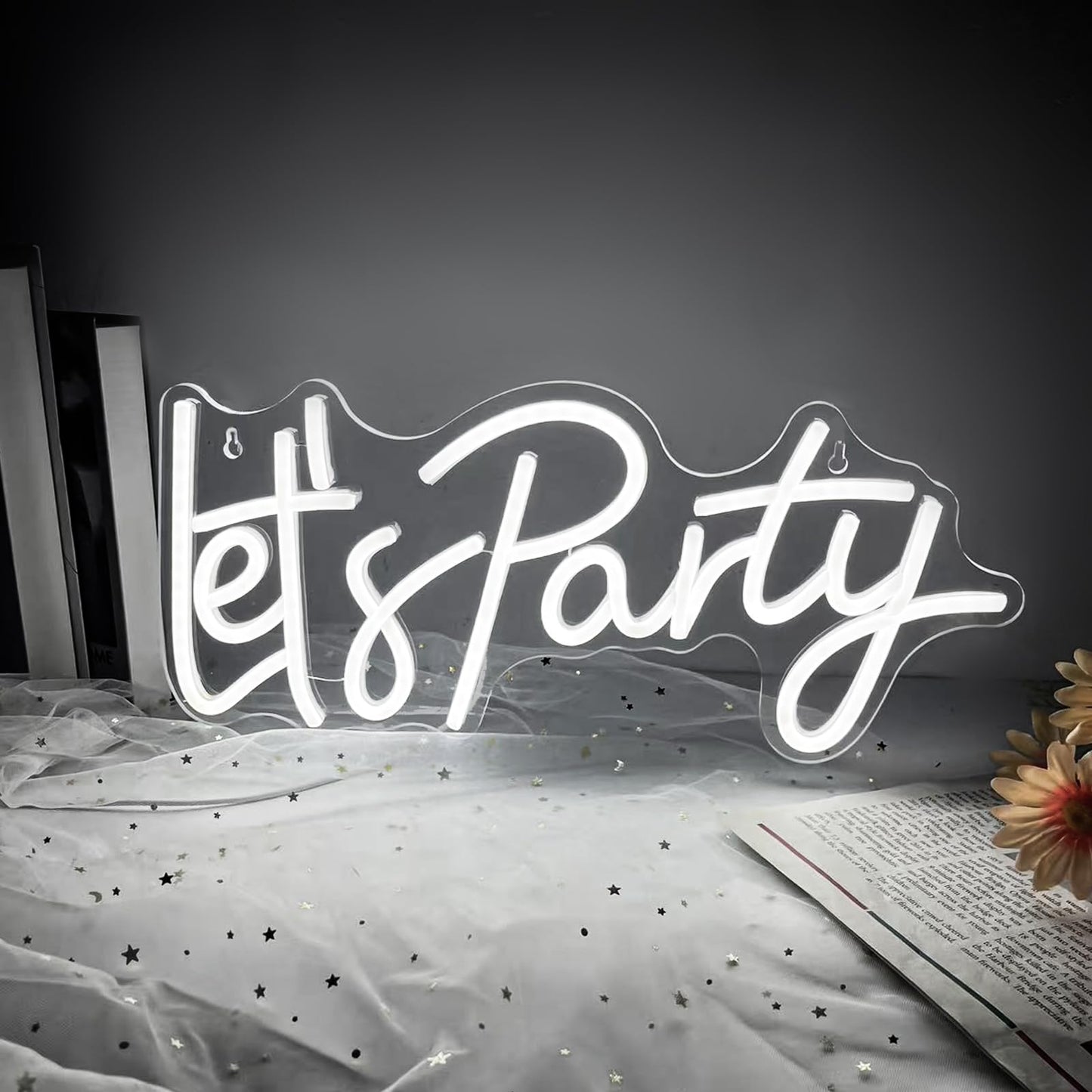 Let's Party Neon Sign for Wall Decor, LED Dimmable Let's Party Neon Light Up Sign Art Decorative Lights for Birthday, Wedding, Bachelorette, Engagement Party Decorations 15.91x7.09Inch White