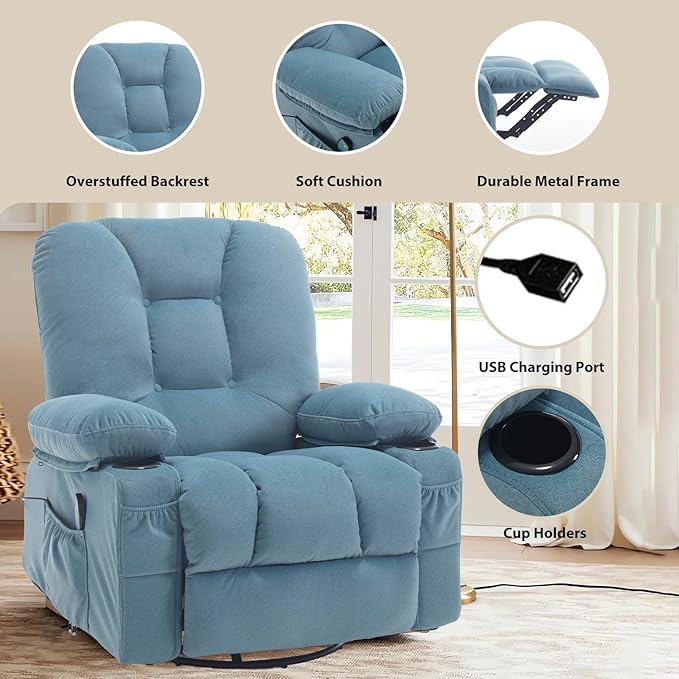 KCREAM Rocker Recliner Chair with Massage & Heat, 360° Swivel Glider Recliner with Cup Holder, Overstuffed Soft Fabric Recliner for Living Room Nursery RV, Blue