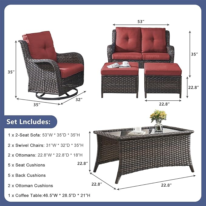 Rilyson Wicker Patio Furniture Set - 6 Piece Rattan Outdoor Sectional Conversation Sets with 2 Swivel Rocking Chairs,2 Ottomans,1 Loveseat and 1 Coffee Table for Porch Deck Garden(Brown/Red)