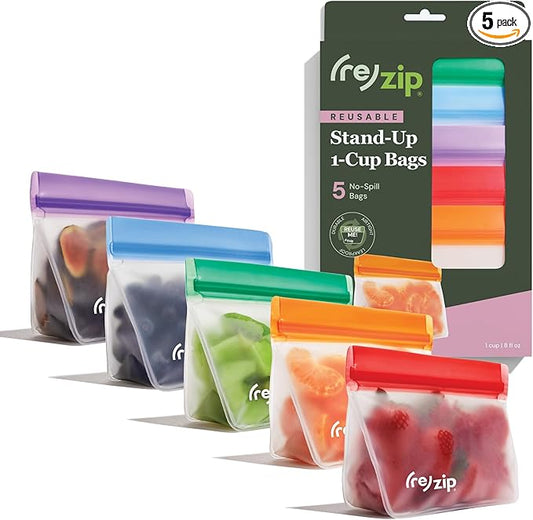(re) zip 5-pack Stand-Up Reusable Bags | BPA-Free, Food Grade, Leakproof, Freezer and Dishwasher Safe | 5 Snack-Size Bags (1-Cup / 8-Oz) | Jewel Tones for Easy Organization
