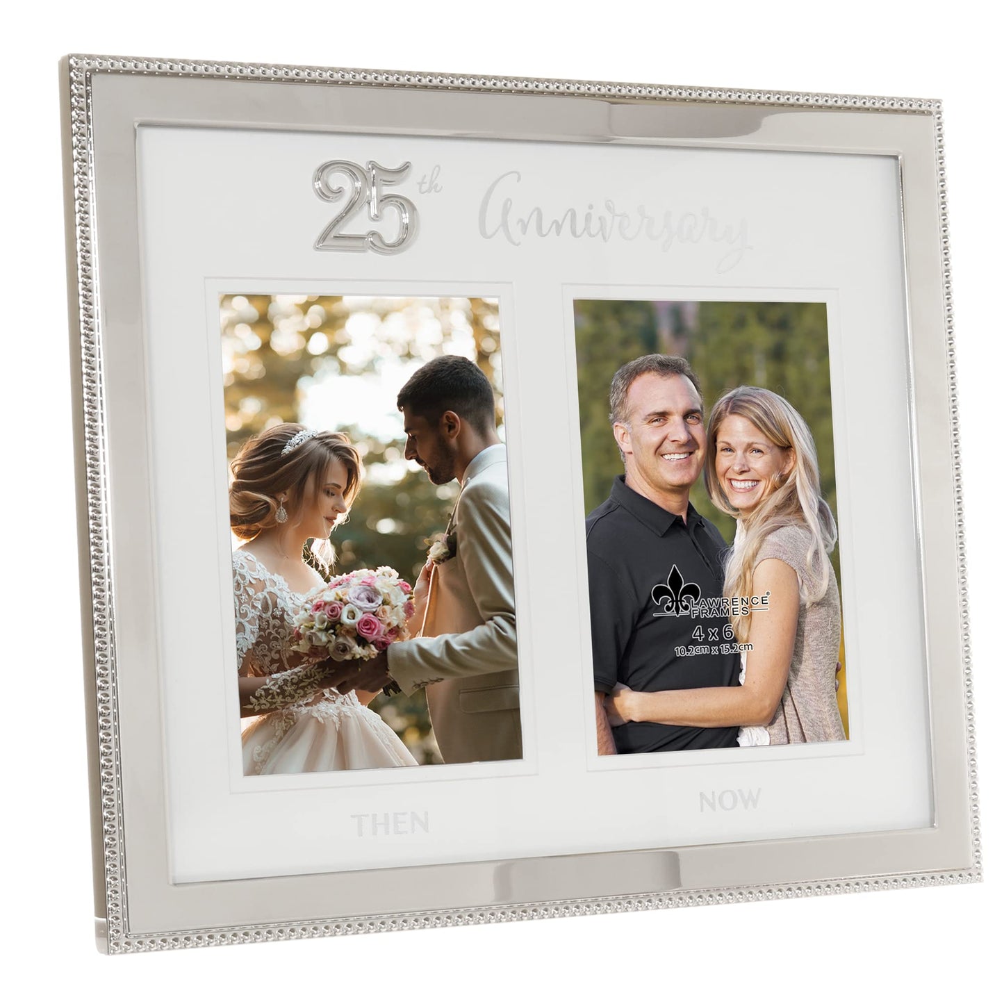 Lawrence Frames 4x6 Double Silver Beaded Metal 25th Anniversary Picture Frame, Then and Now