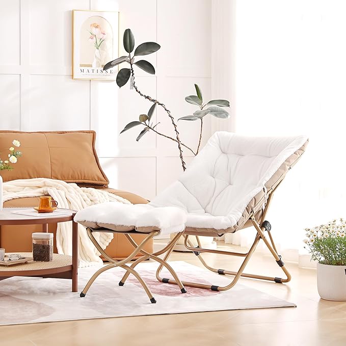 Givjoy Comfy Folded Chair with Ottoman, Oversized Folding Faux Fur Chair Soft Furry Lounge Lazy Chair with Metal Frame Moon Chair Accent Chair for Bedroom, Living Room, Dorm Rooms