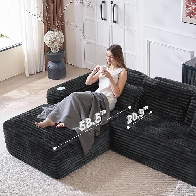 Cloud Sectional Couch with L-Shape Chaise, Modern Modular Sofa with Deep Seat, Built-in Cup Holder & Storage Pocket for Living Room Bedroom, No Assembly Required (Black Grey, Right Sitting Chaise)