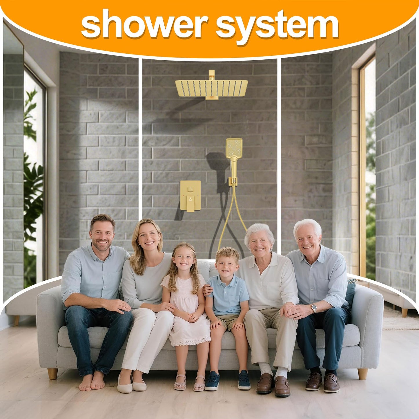 JQBQS Shower System Modern Rain Brass Faucet Set With Valve and Diverter Shower Mixer With Handheld High Pressure Square Rainfall Shower Valve (12'' Wall Mount, Brushed Gold)