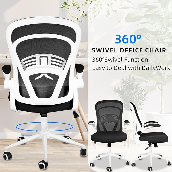Ollega Computer Desk Chair with Wheels, Mesh Office Chair with Flip Up Arms, Adjustable Lumbar Support, Swivel Desk Chair Comfy, White
