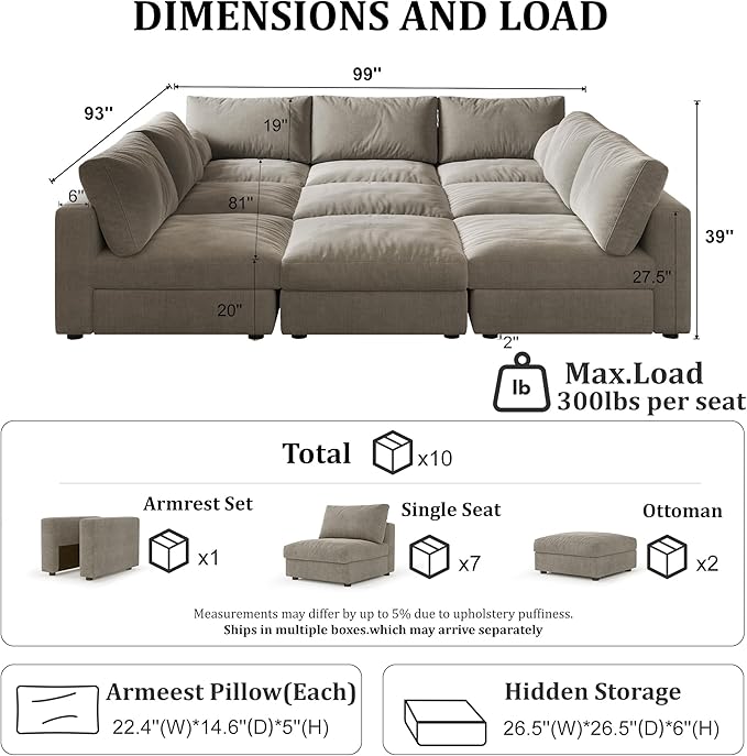 Cloud Modular Sectional Sleeper Sofa with Storage Ottoman, 128" Oversized Sectional Couches for Living Room, Cloud Modular Sleeper Sofa with Chaise, 9 Seater, Chenille, Light Gray