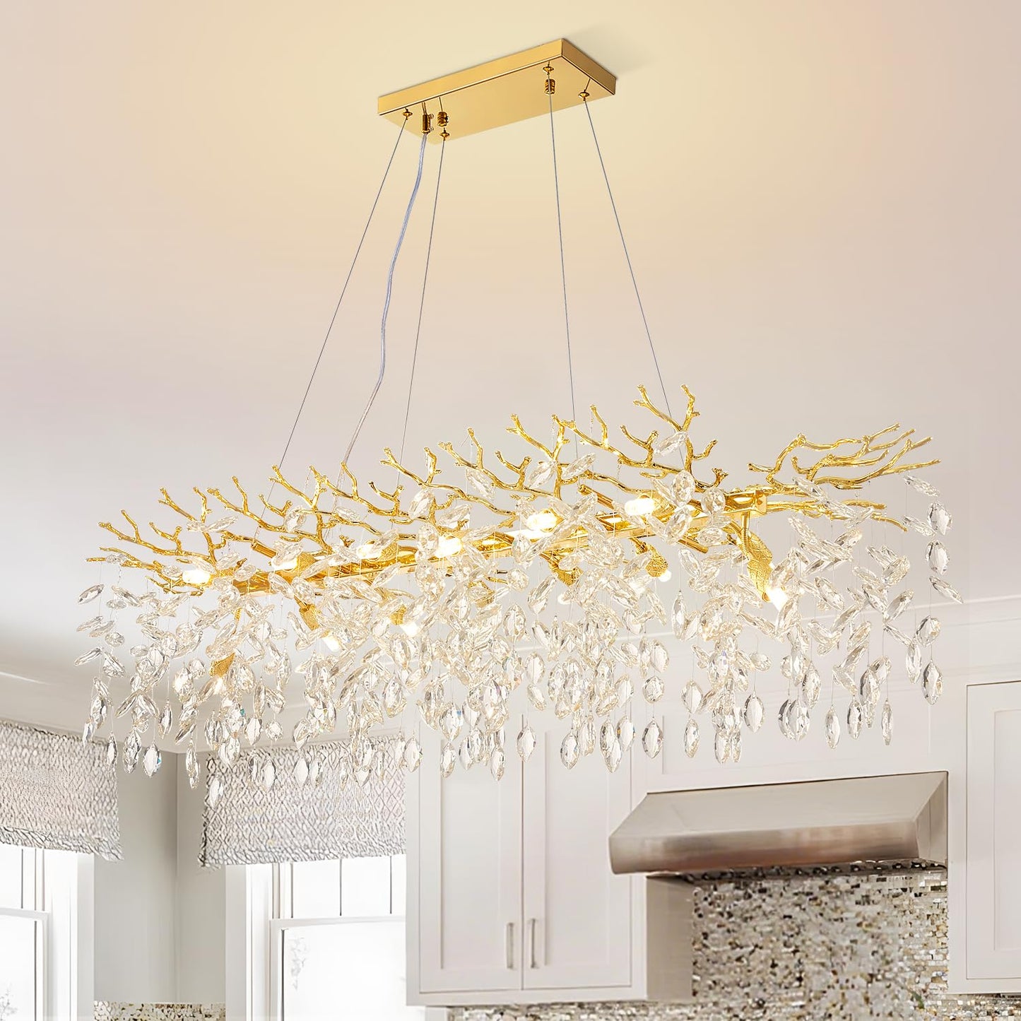 KJLARS Modern Rectangular Chandelier, 47.3" Gold Crystal Tree Branch Chandelier 14 Lights Luxury Raindrop Light for Dining Room, Kitchen Island, Living Room