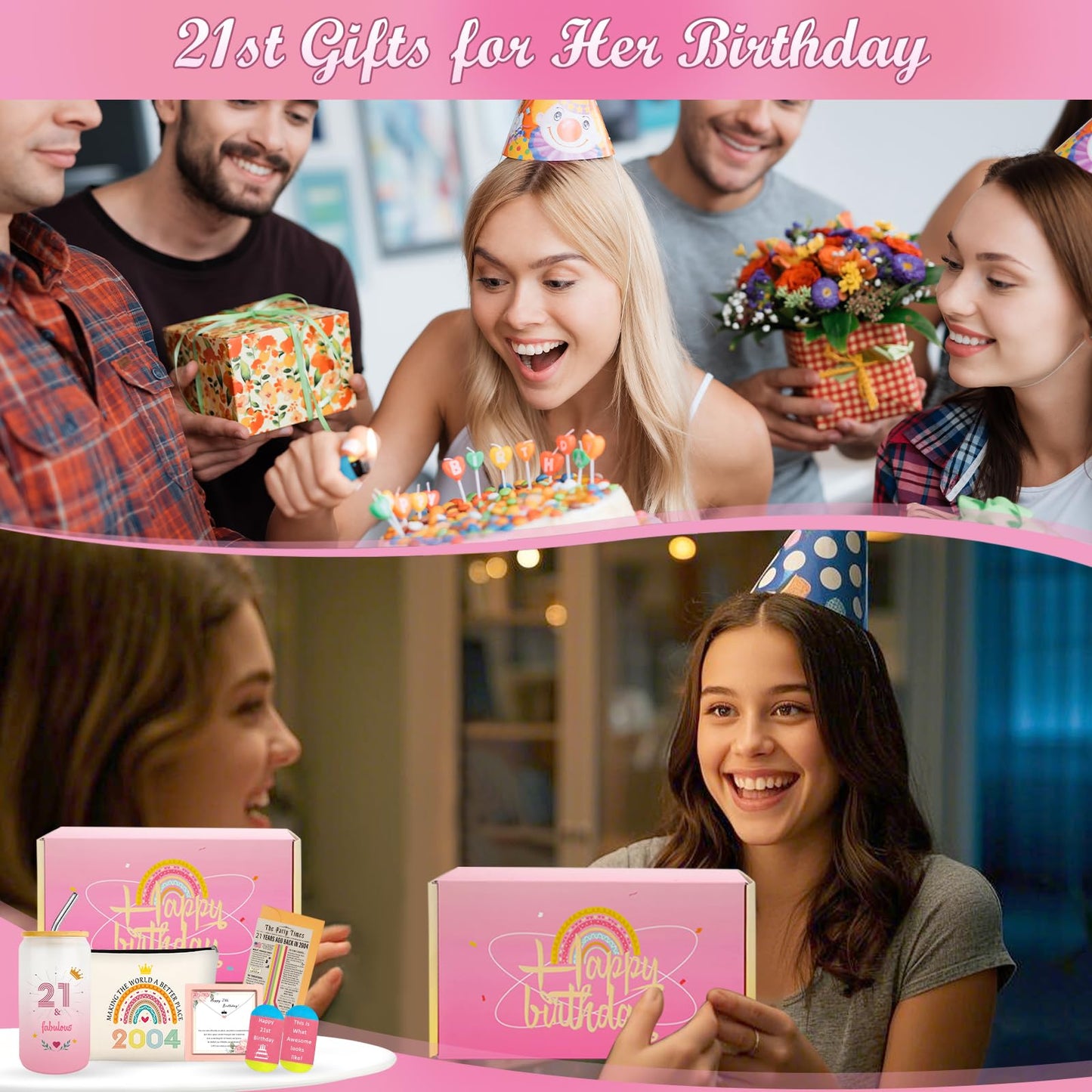 Unipinkart 21st Birthday Gifts for Her, Unique 21 Year Old Birthdays Gift for Women Bestie Sister Niece, Cool Happy 2004 Female Daughter Decorations Presents Basket Idea Glass Cup Sock