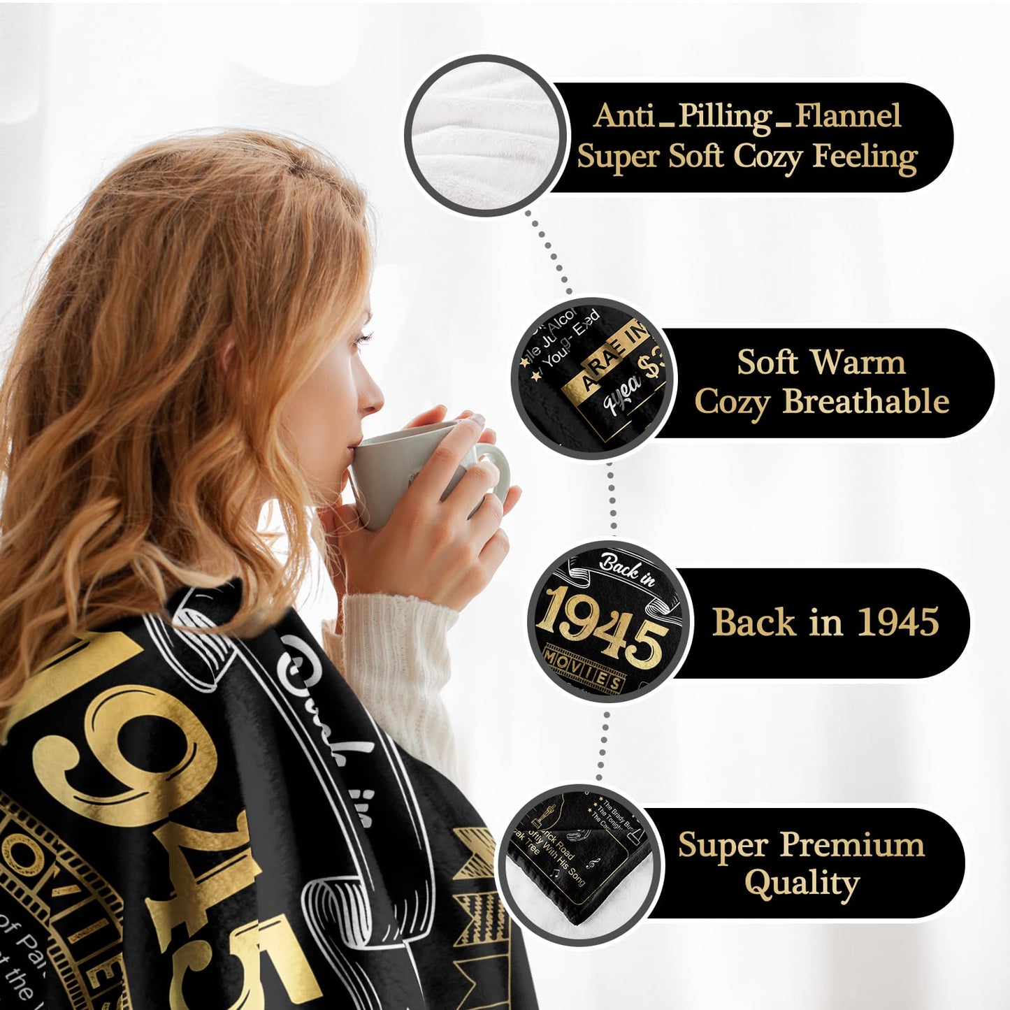 aisdfhsa 80th Birthday Gifts - Back in 1945 - Best 80th Birthday Decorations for Men & Women - Throw Blanket 60Lx50W