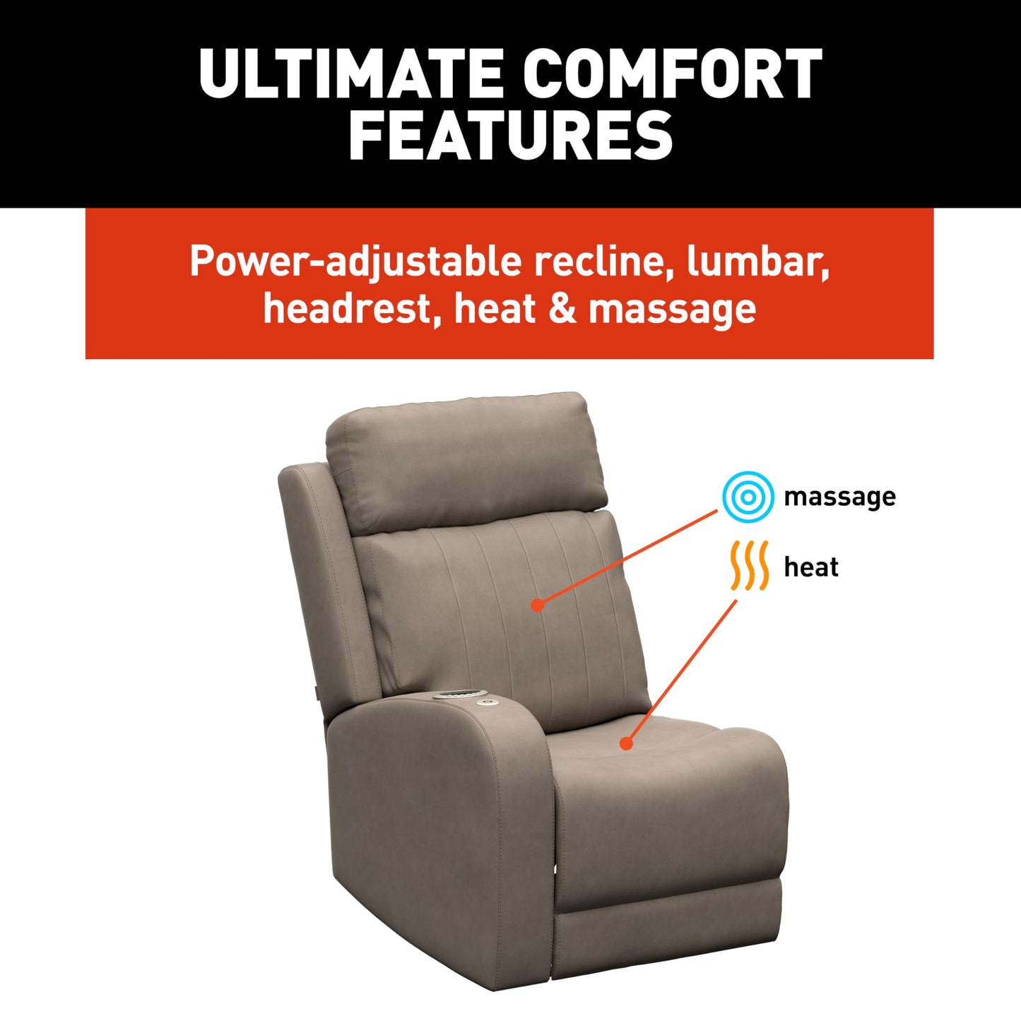 THOMAS PAYNE Signature Seismic Series Driftwood RV Theater Seating Right Arm Recliner with Power Adjustable Lumbar, Headrest, Reclining, Heating, Massage, Integrated Cupholder Controls - 2024044196