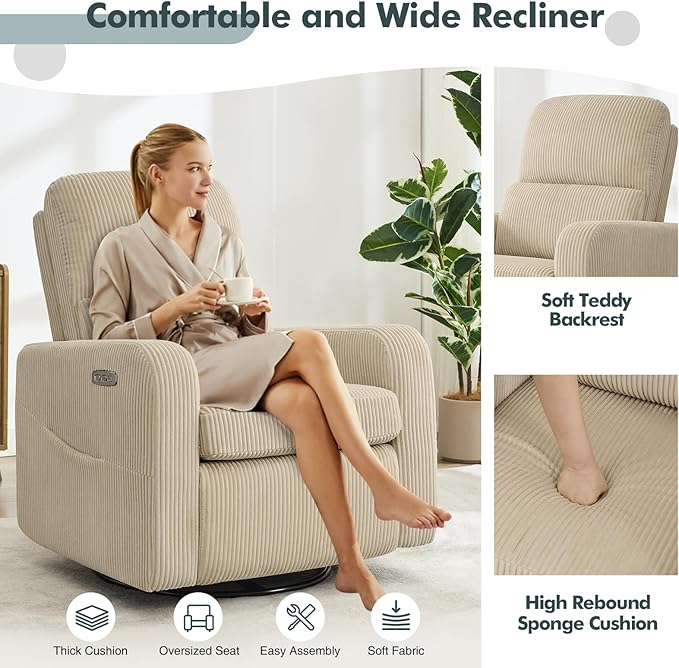 AEMEIOS Swivel Rocker Recliner, Oversized Power Recliner Nursery Glider with Removable Cushion, Upholstered Swivel Reclining Chairs for Nursery Living Room Bedroom, Corduroy Camel