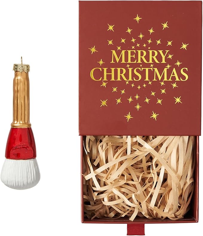 WDS WONDROUS Makeup Christmas Ornaments, Gold and Red Cosmetic Brush Glass Hanging Ornament Decoration, Cosmetic Brush Ornament Set for Christmas Tree Decor Holiday Party Home Gift