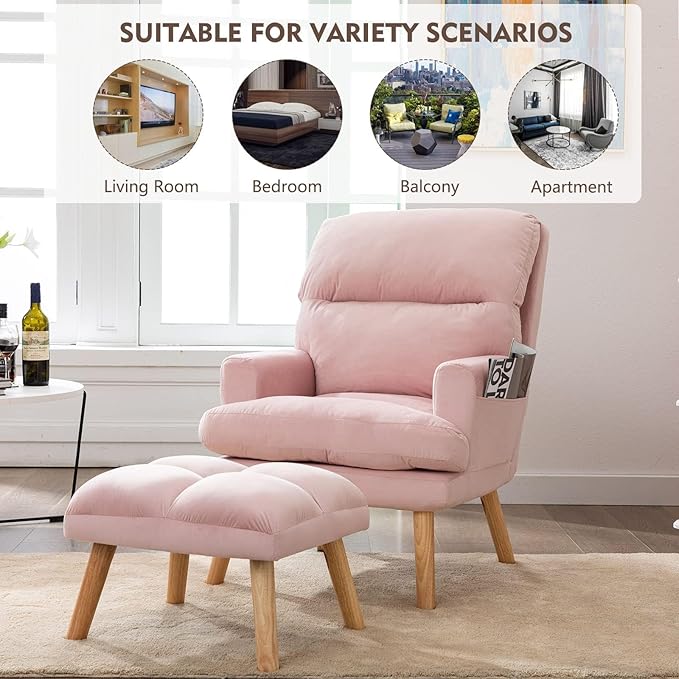 CANMOV Modern Accent Chair with Ottoman Set of 2, Soft Fabric Armchair with Adjustable Backrest and Side Pockets, Comfy Lounge Chair for Living Room, Bedroom, Apartment, Office, Pink