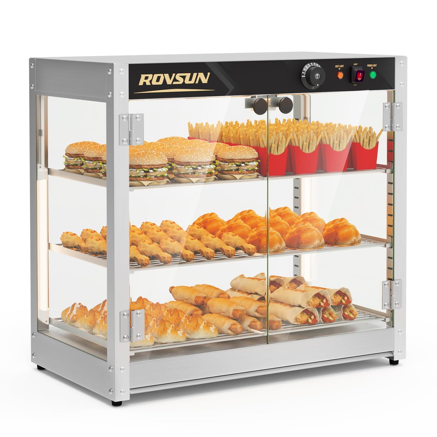 ROVSUN 3-Tier Commercial Food Warmer, 27" Pizza Warmer Food Warmer Display with LED Adjustable Lighting Glass Door Removable Shelves, Countertop Electric Food Warmer for Buffet Restaurant 110V 800W